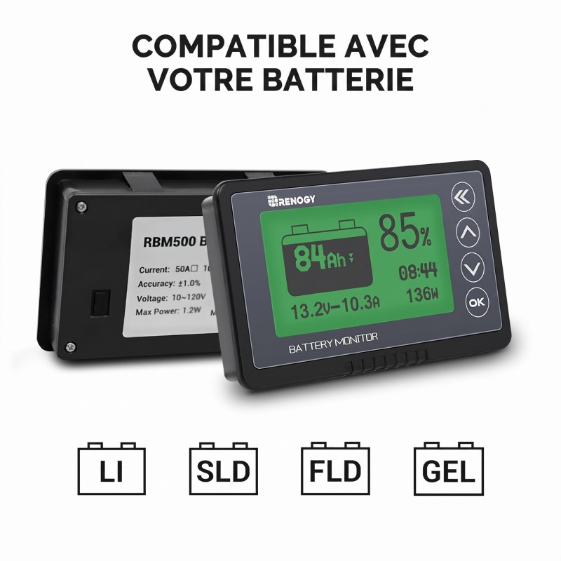 Moniteur de batterie 500 A avec shunt et câbles - RENOGY Moniteur de batterie 500 A avec shunt et câbles - RENOGY