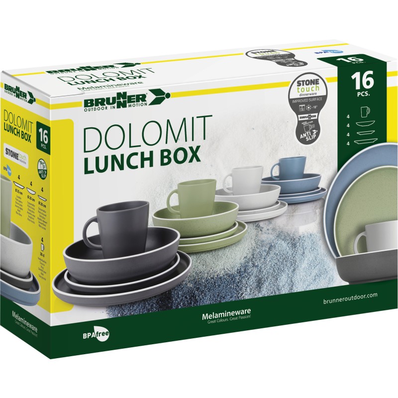 PACK VAISSELLE LUNCH BOX DOLOMIT GRIS 16 PIECES STONE TOUCH ANTIGLISSE BRUNNER