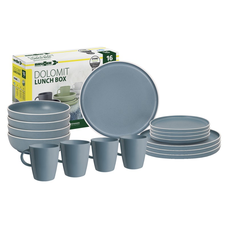 PACK VAISSELLE LUNCH BOX DOLOMIT BLEU 16 PIECES STONE TOUCH ANTIGLISSE BRUNNER