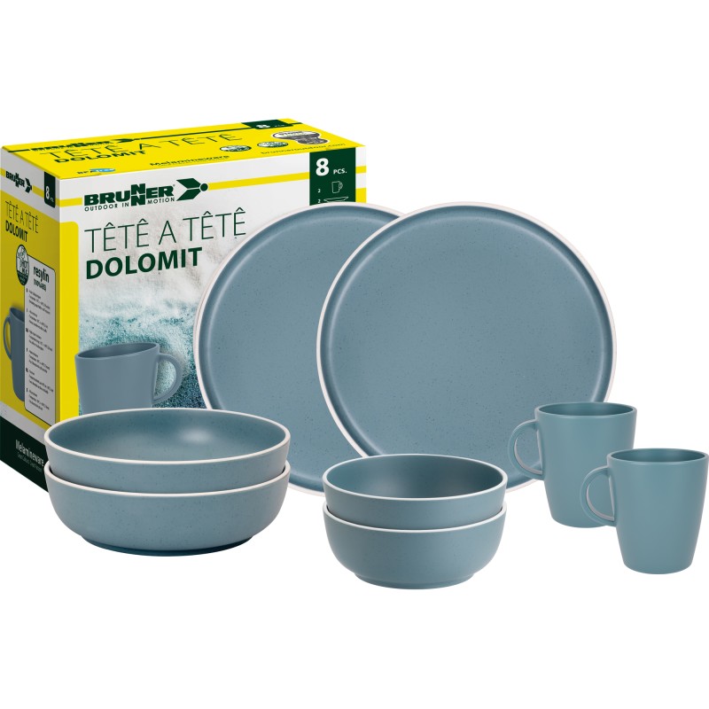 PACK VAISSELLE TETE A TETE DOLOMIT BLEU 8 PIECES STONE TOUCH ANTIGLISSE BRUNNER
