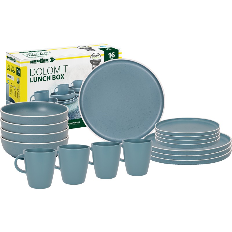 PACK VAISSELLE LUNCH BOX DOLOMIT BLEU 16 PIECES STONE TOUCH ANTIGLISSE BRUNNER